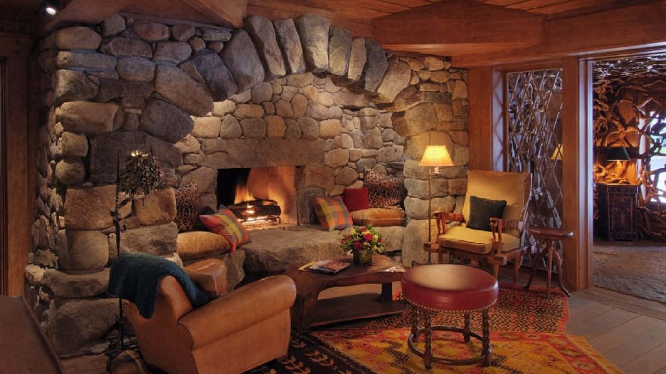 Rustic Fireplace At Lake Placid Lodge Wallpaper