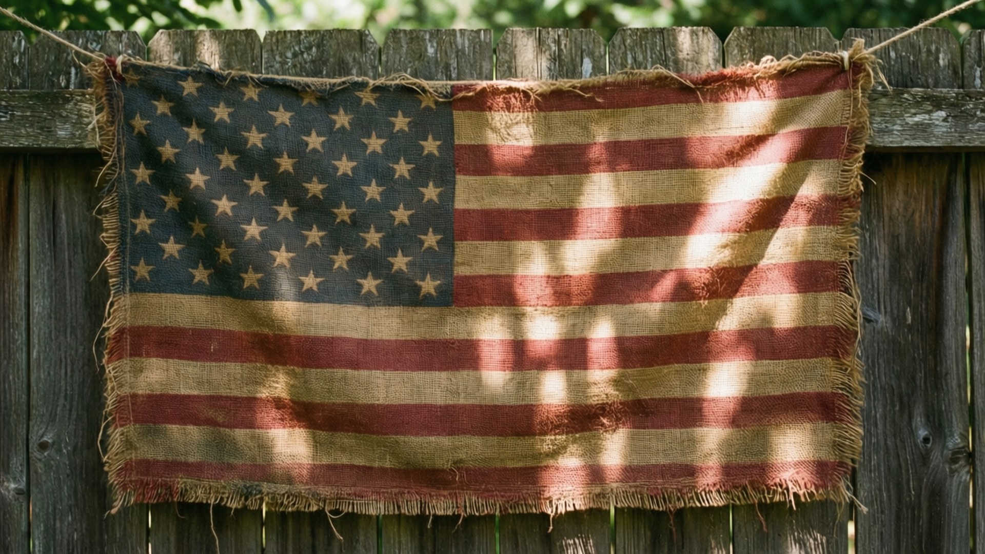 Rustieke jute hangende banner met vervaagd Amerikaans vlagpatroon, op houten hek.