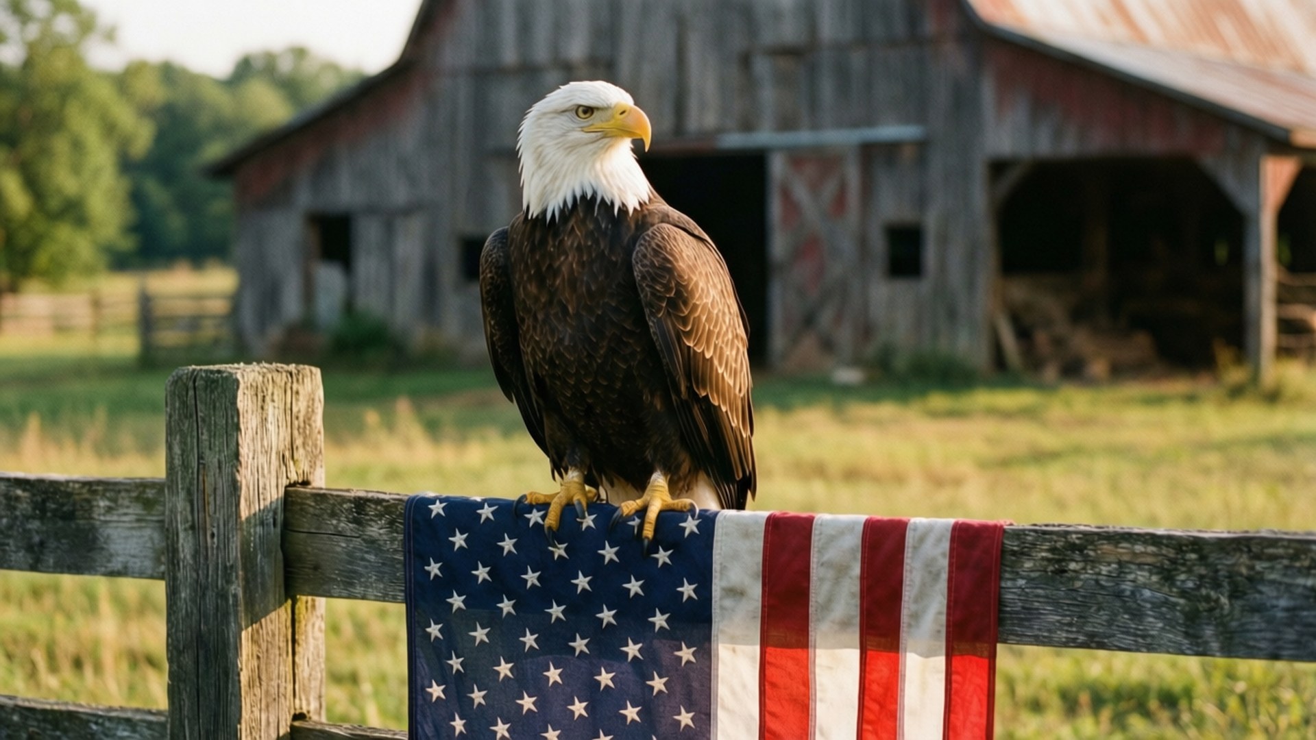 Rustikale Flagge Adler Hintergrundbilder — Weißkopfseeadler auf amerikanischer Flagge, die über Holzzaun auf dem Land drapiert ist.