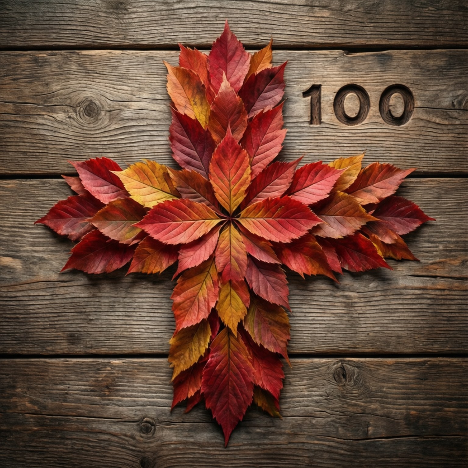 Red cross made of autumn leaves with carved 100