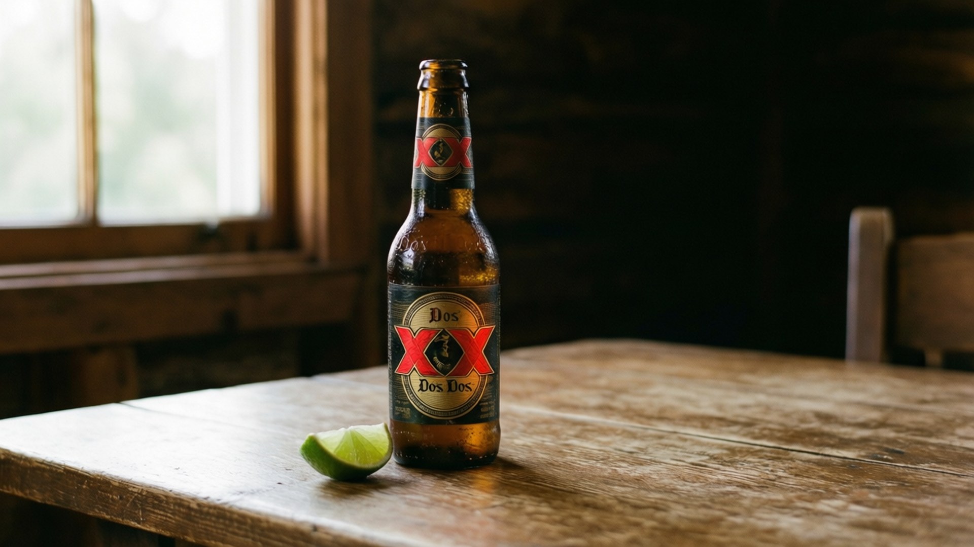 Eine Dos Equis-Flasche mit Limettenscheibe auf einem rustikalen Holztisch.