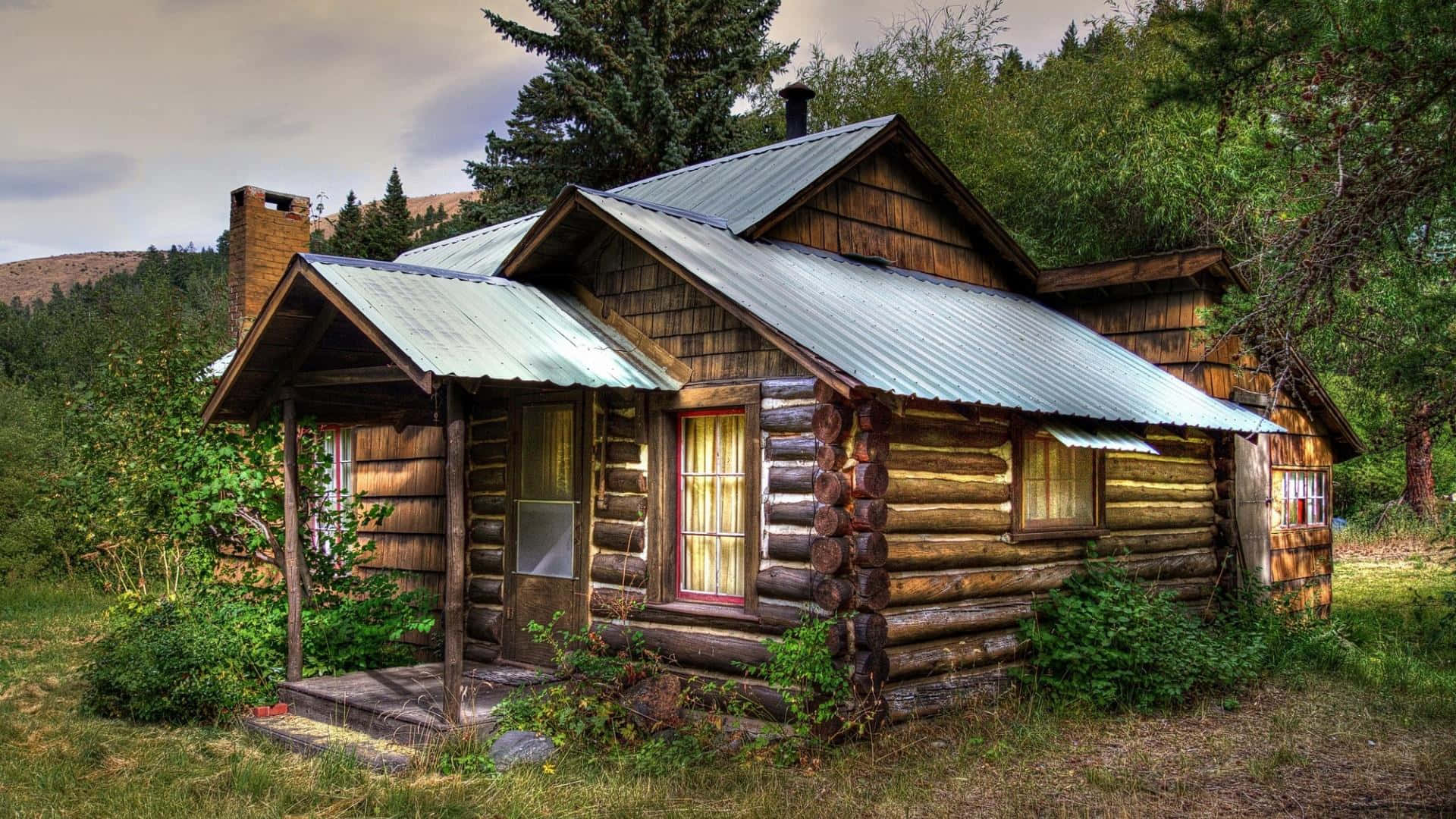 Rustieke Houten Cabin In De Wildernis Achtergrond