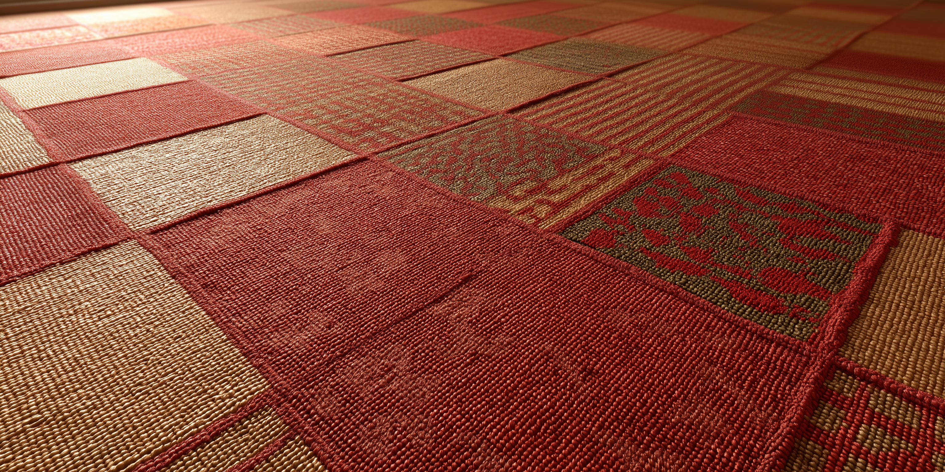 Rustic Patchwork Carpet PNG — A close-up of a patchwork rug with textured red beige and brown woven squares in geometric pattern.