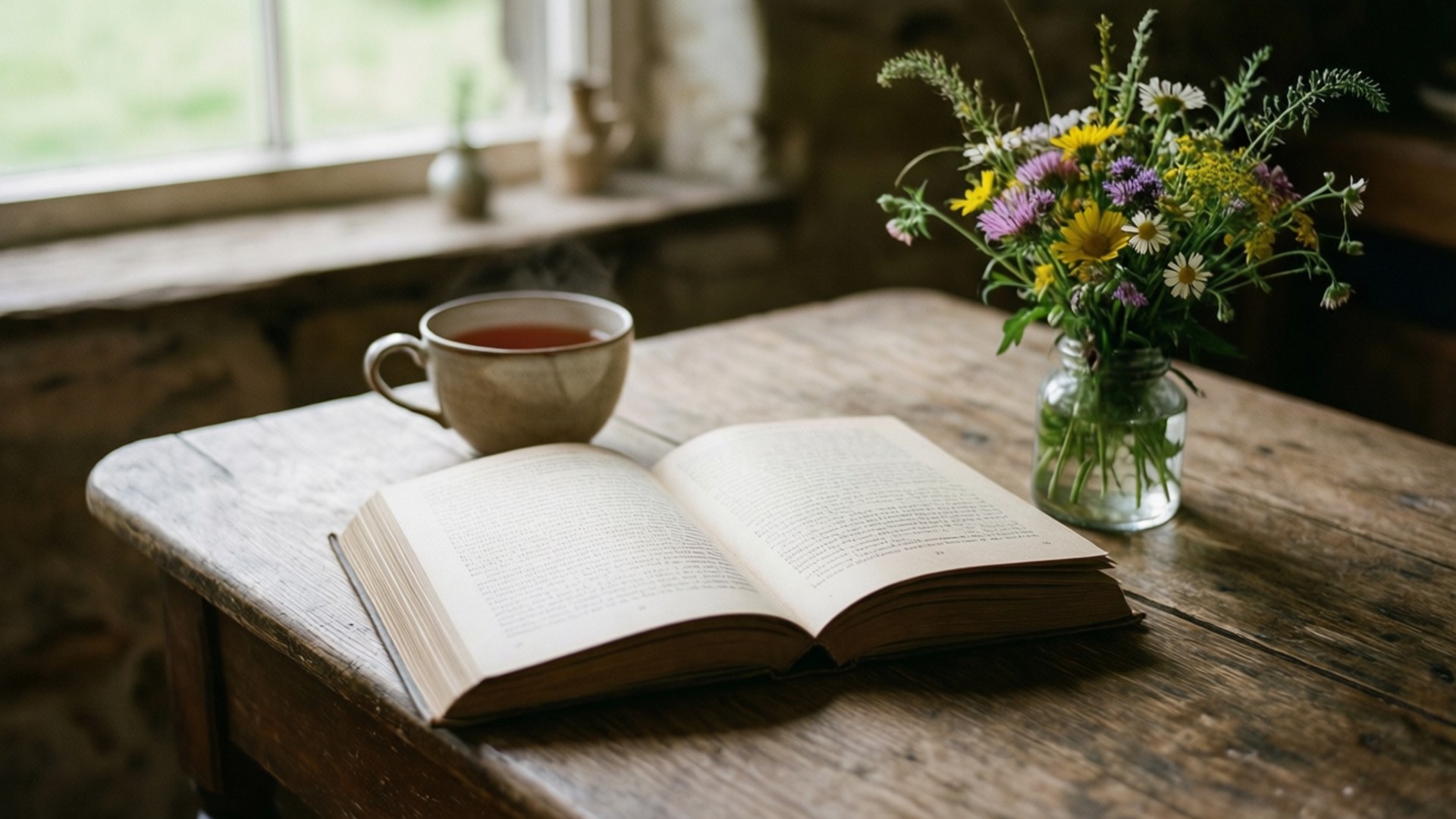 Rustikaler Lesetisch Hintergrundbilder — Ein offenes Buch auf einem Holztisch mit Tee und Wildblumen, Cottage-Stil.