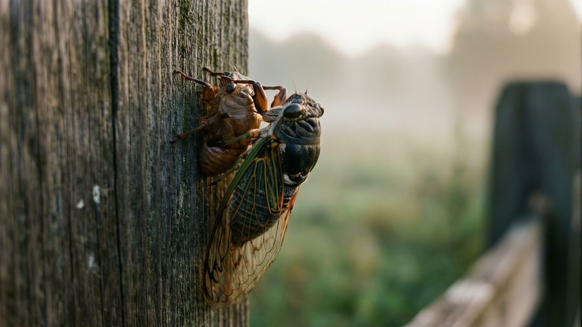 A cicada perched on a wooden post in a misty morning garden. wallpaper