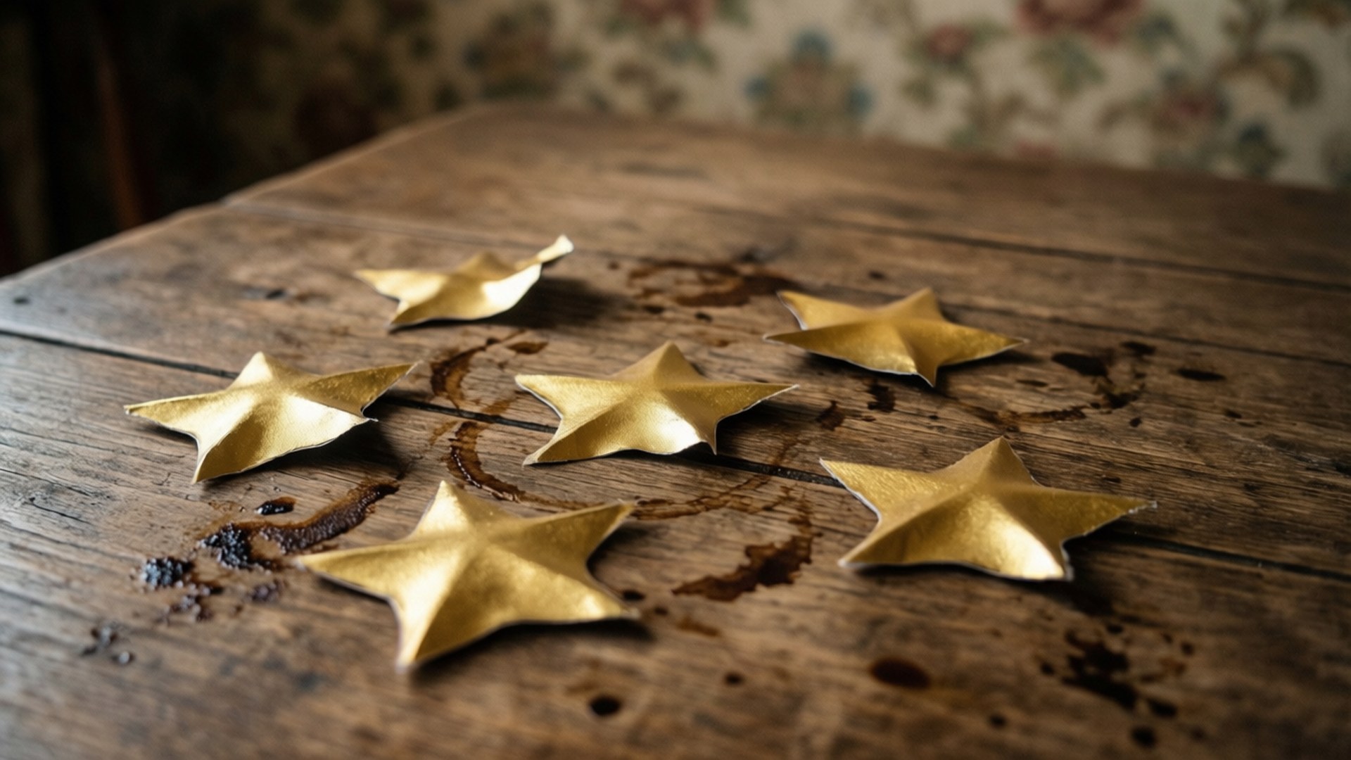 Autocollants dorés d'étoiles sur une table en bois, nature morte réaliste aux tons chauds.