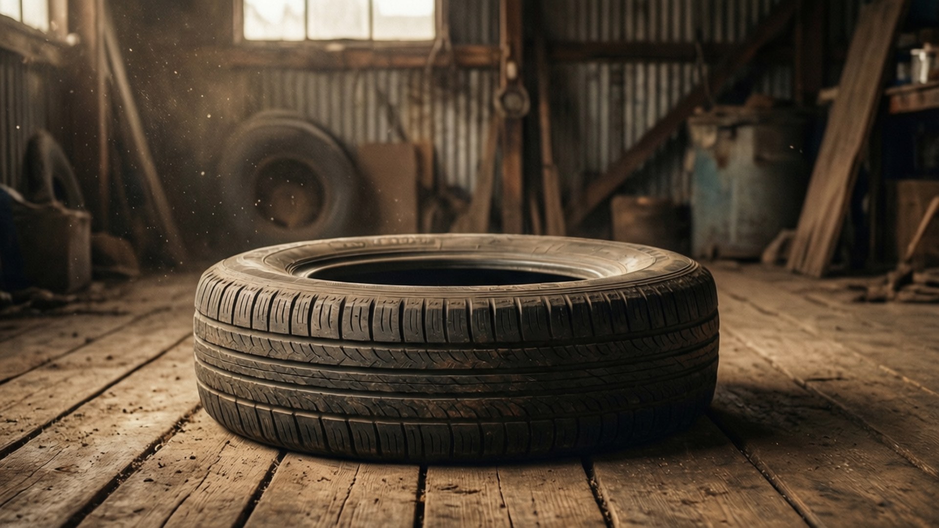 A vintage tire on wooden floor in sepia tones, evoking nostalgia.