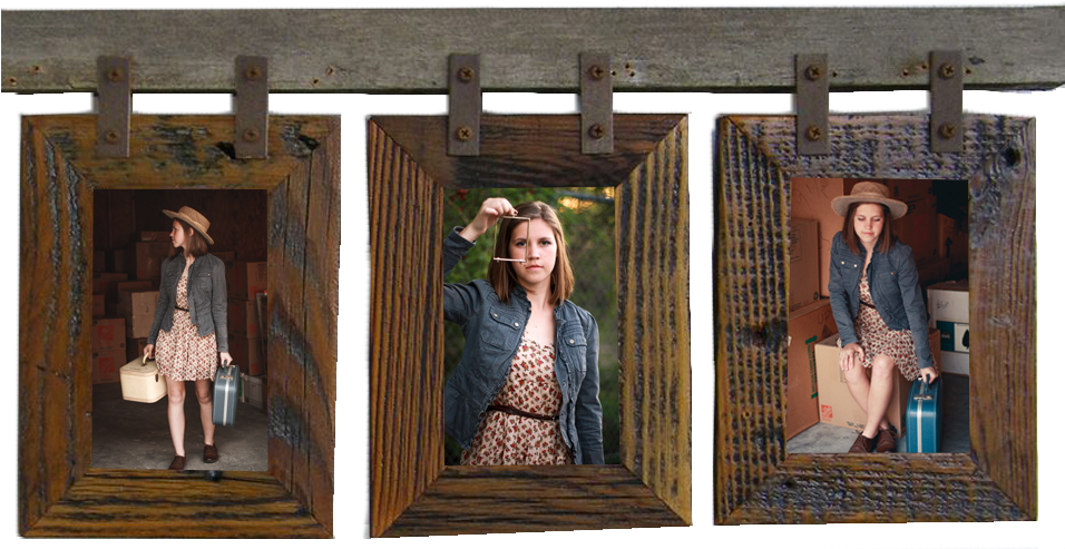 Rustic Triptych Photo Frames PNG — Three rustic wooden frames display a woman in a hat and patterned dress holding luggage in different travel poses.