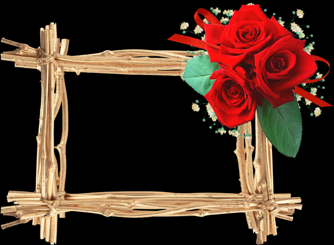Rustic Twig Framewith Red Roses PNG