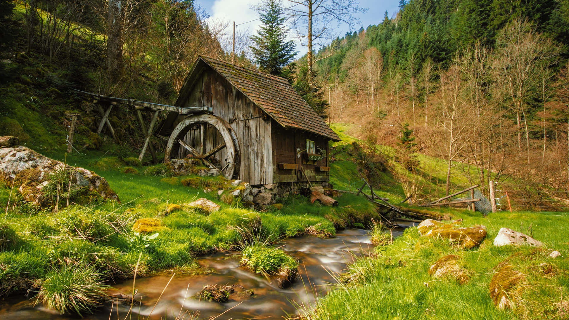 Rustic Watermill Cottage Stream Wallpaper