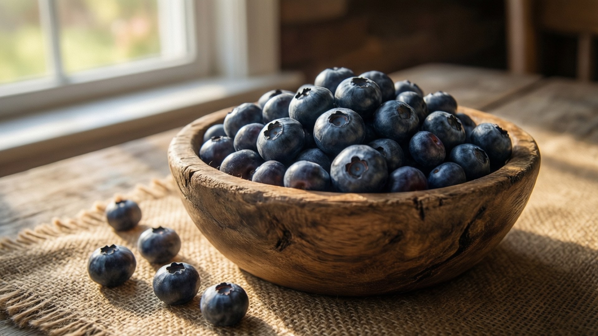 Rustic Blueberry Bowl Wallpaper — A rustic wooden bowl overflowing with plump blueberries sits on burlap near a sunlit window.