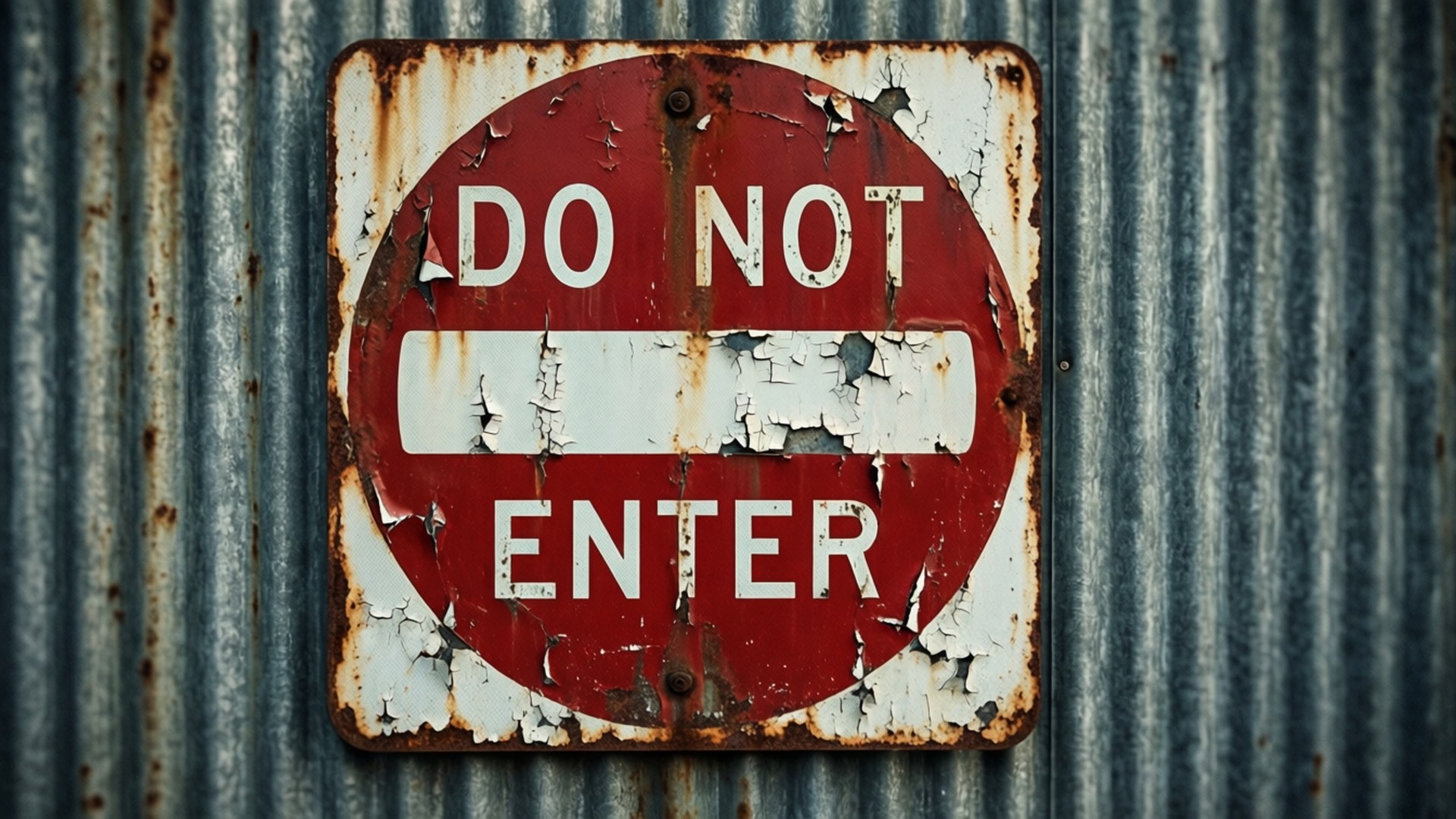 Grunge Do Not Enter skilt med avskallet maling og rust på metallvegg.