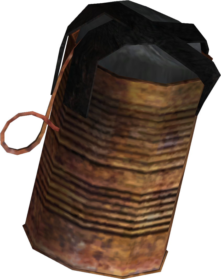 Rusty_ Grenade_ Model PNG — A weathered rusty metal trash can with a black plastic liner and a red handle against a black background.