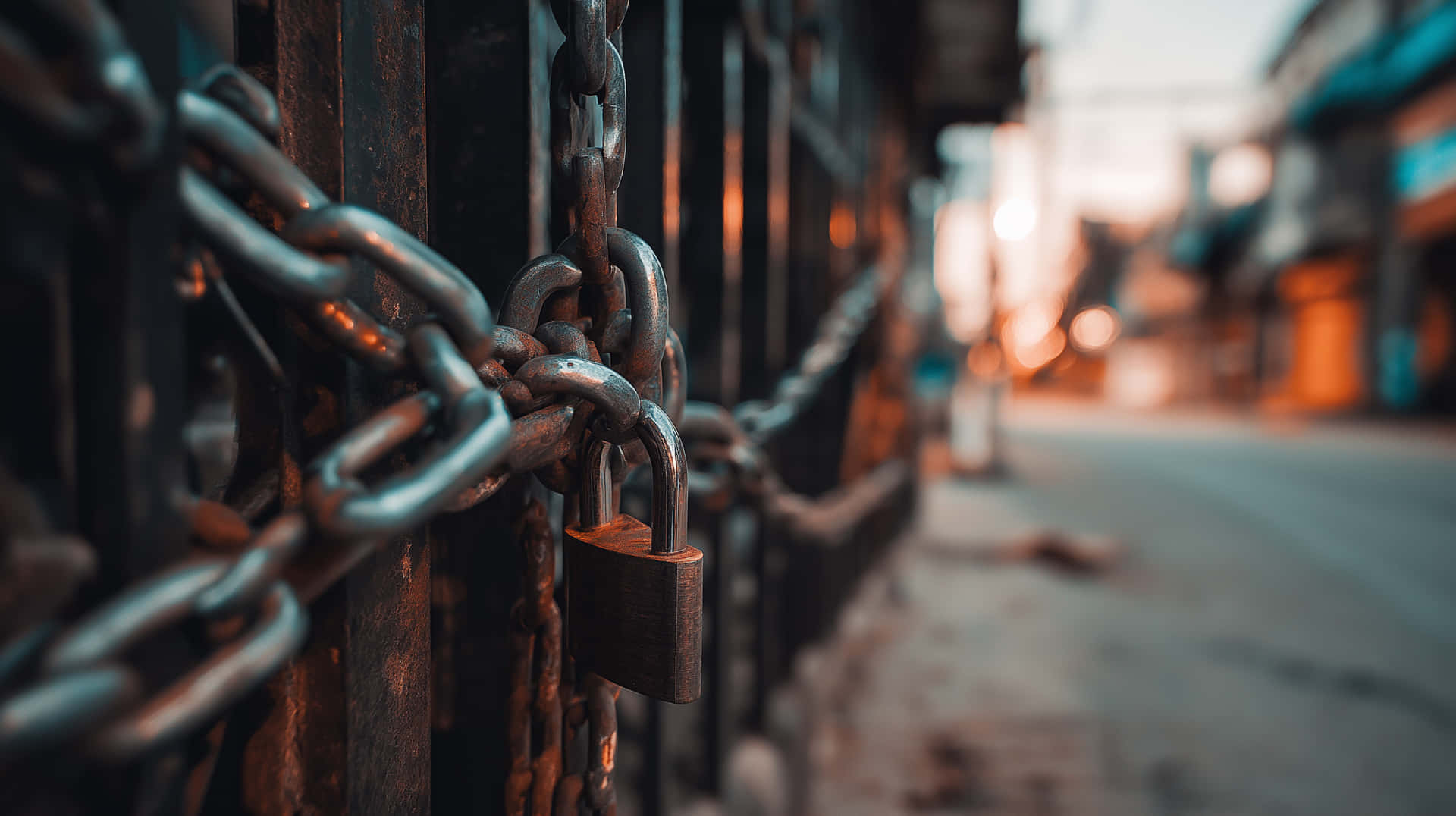 Rusty Industrial Gate With Chain And Padlock, Urban Scene Wallpaper