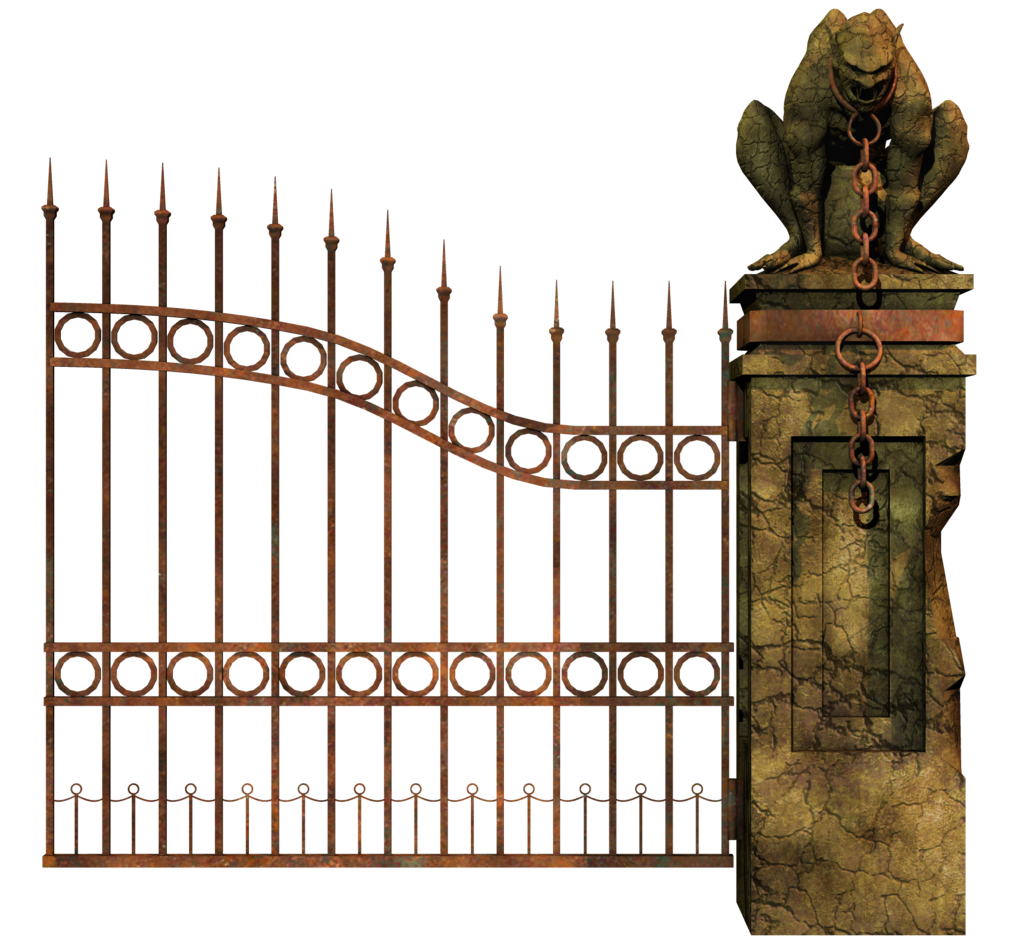 Rusty Iron Gatewith Gargoyle Pillar PNG