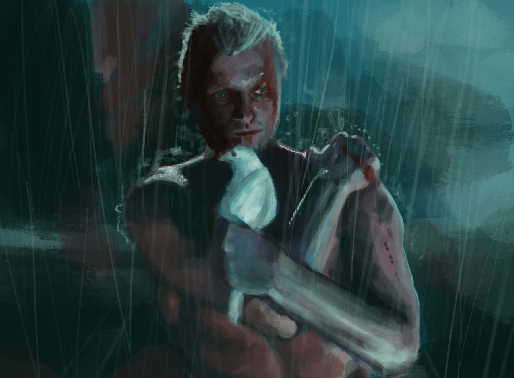 Pinturade Rutger Hauer En Blade Runner Con Una Paloma. Fondo de pantalla