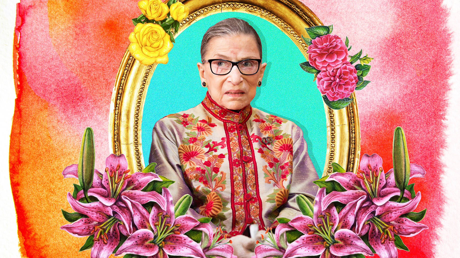 Ruth Bader Ginsburg Surrounded By Flowers Wallpaper