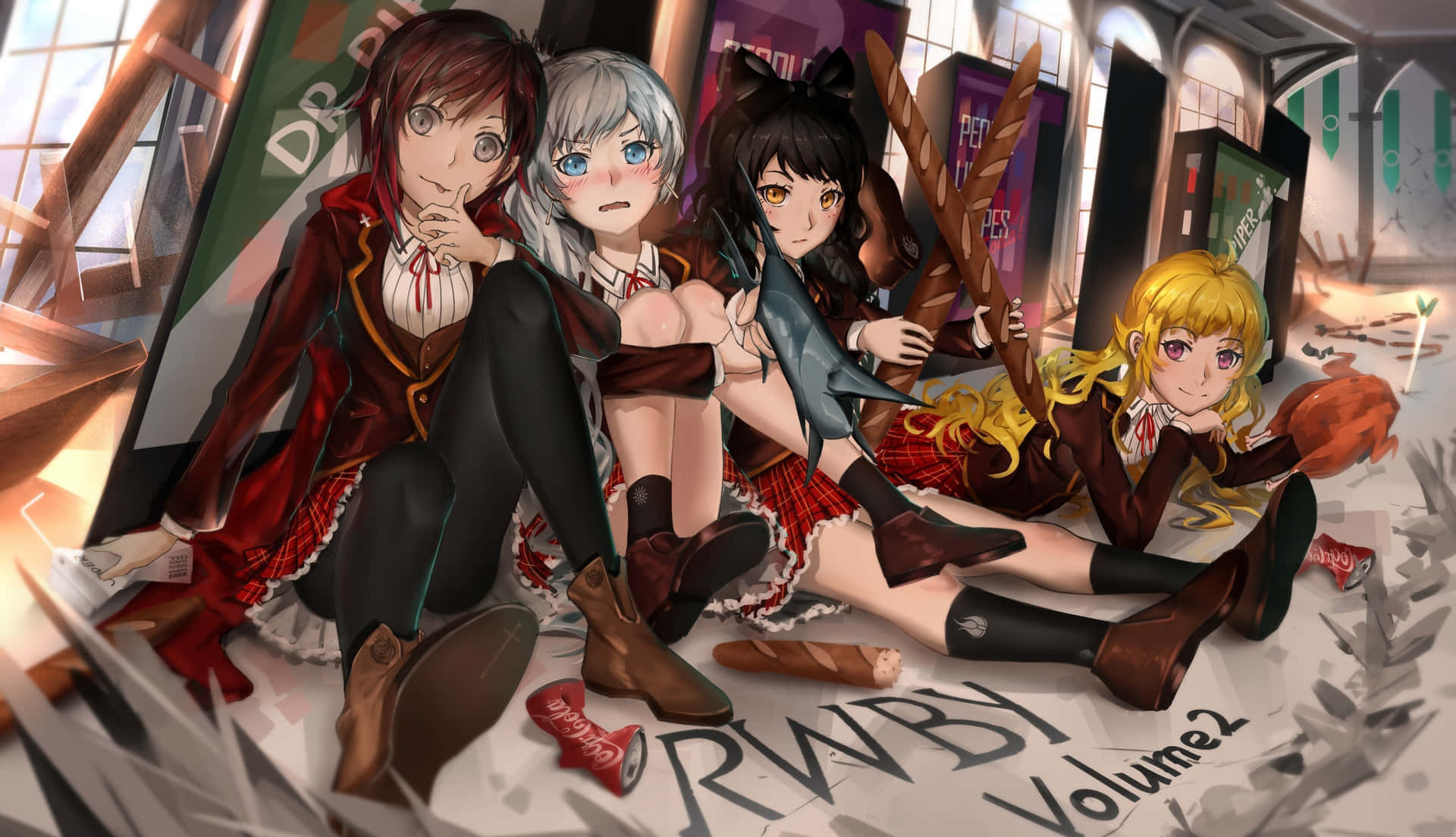 An intense fight scene with the mighty Rwby team fighting against the ruthless villains