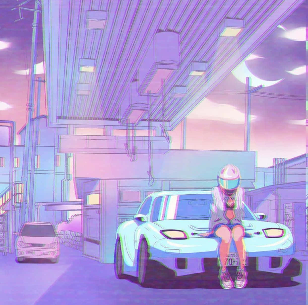 Rx7 Estacionado En Una Gasolinera, Estilo Japonés Anime. Fondo de pantalla