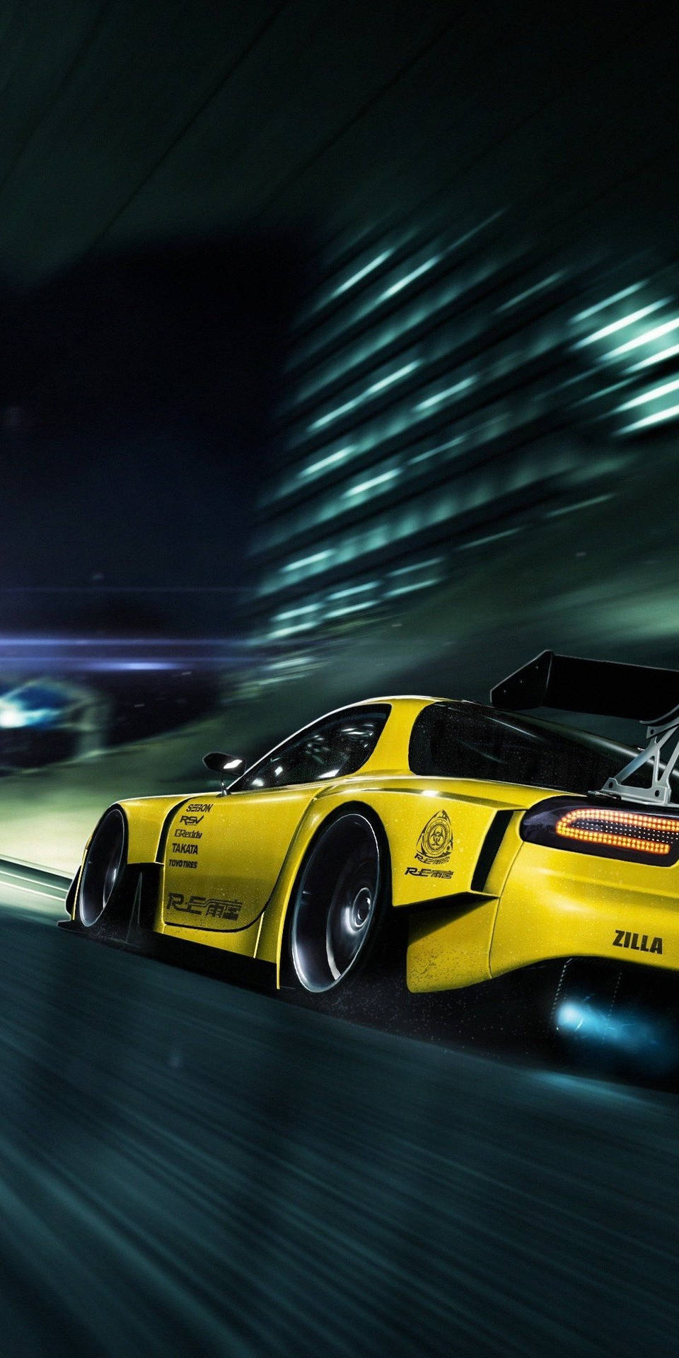 a yellow sports car driving down a dark street Wallpaper