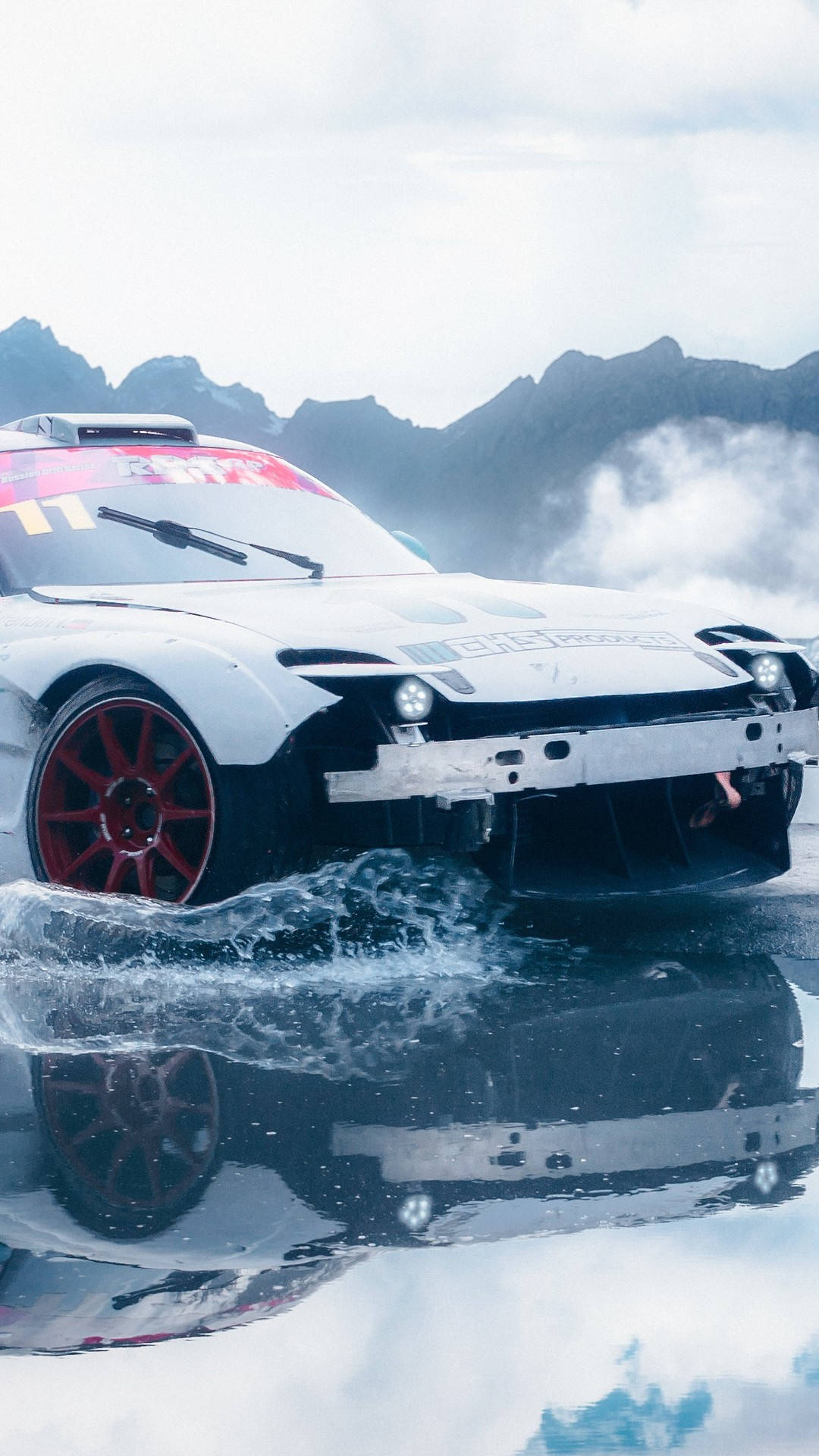 a white car driving through water in a mountain Wallpaper