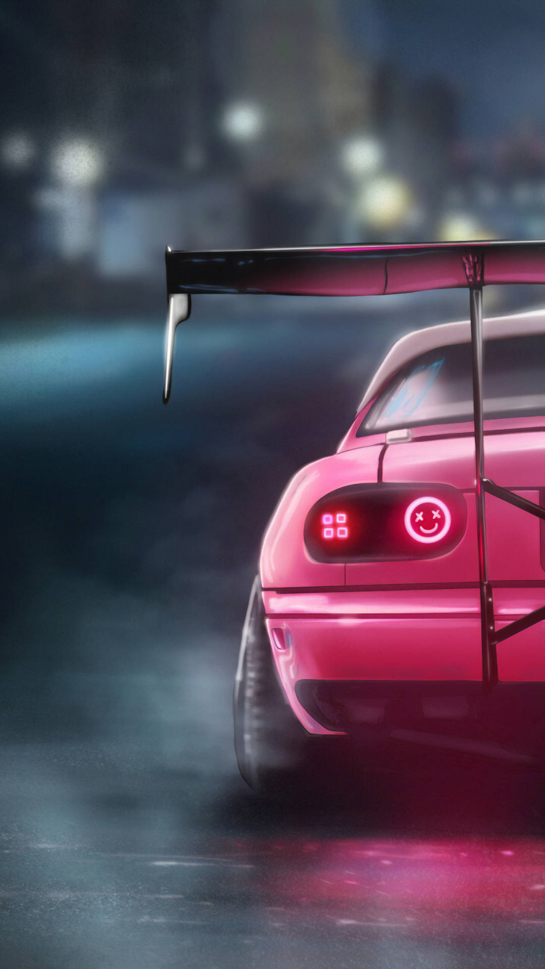 En pink bil med lys tændt kører ned ad gaden. Wallpaper