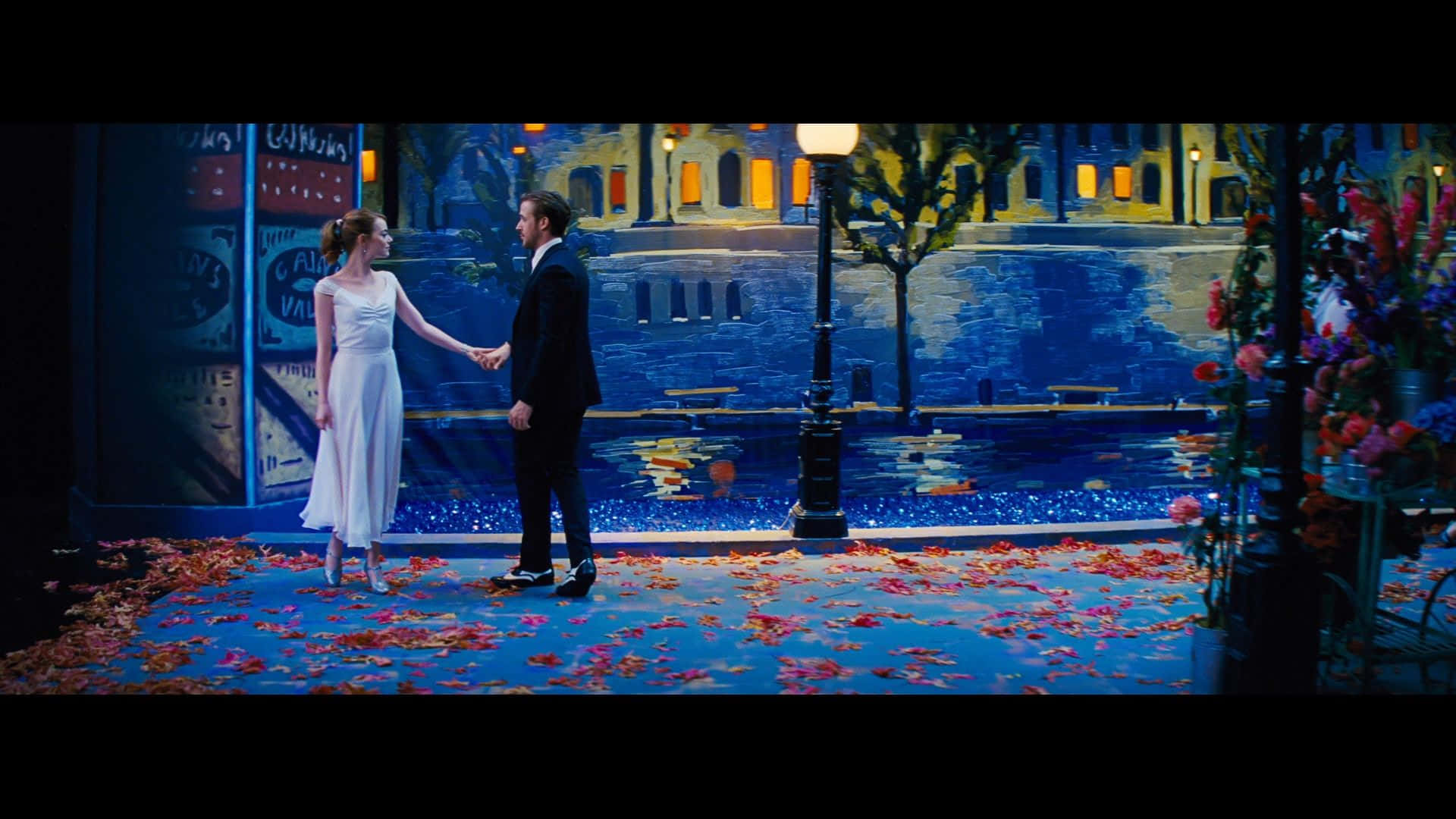 "ryan Gosling And Emma Stone Dancing Under A Starlit Sky In La La Land" Wallpaper