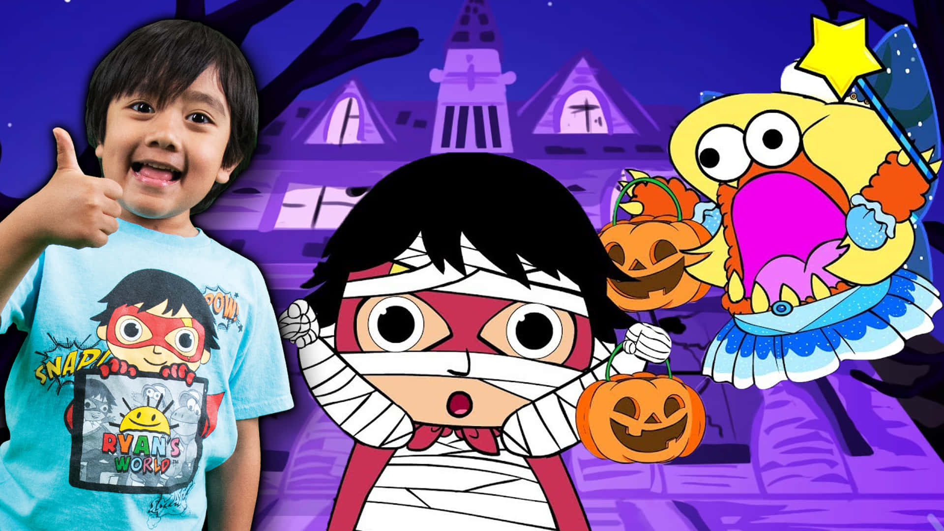 Unniño Está Parado Frente A Una Casa De Halloween Con Un Personaje De Dibujos Animados. Fondo de pantalla
