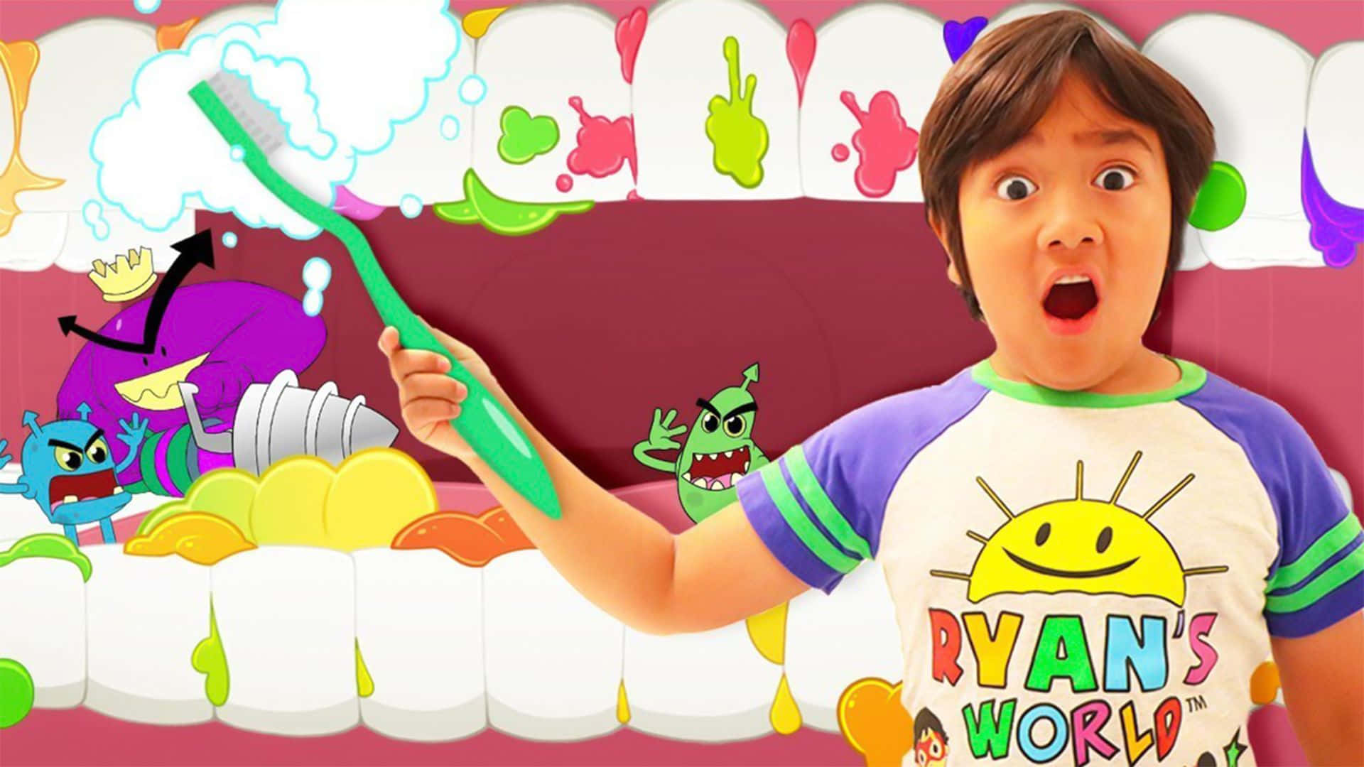 En dreng holder et tandbørste foran et tegnefilm karakter Wallpaper