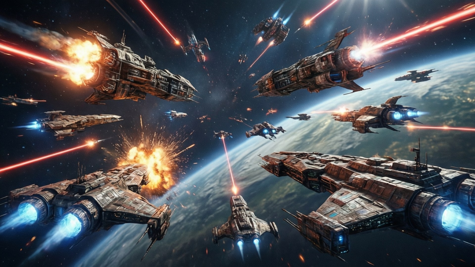 Space Battle Wallpaper — Futuristic warships explode and fire lasers in a chaotic space battle above a blue planet.
