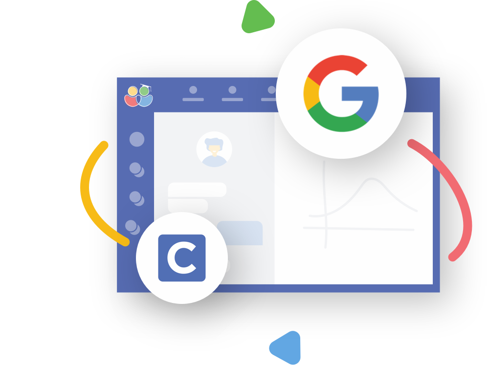 S E O Optimization Concept PNG — A stylized digital illustration of a Google Workspace interface with floating app icons and colorful abstract shapes.