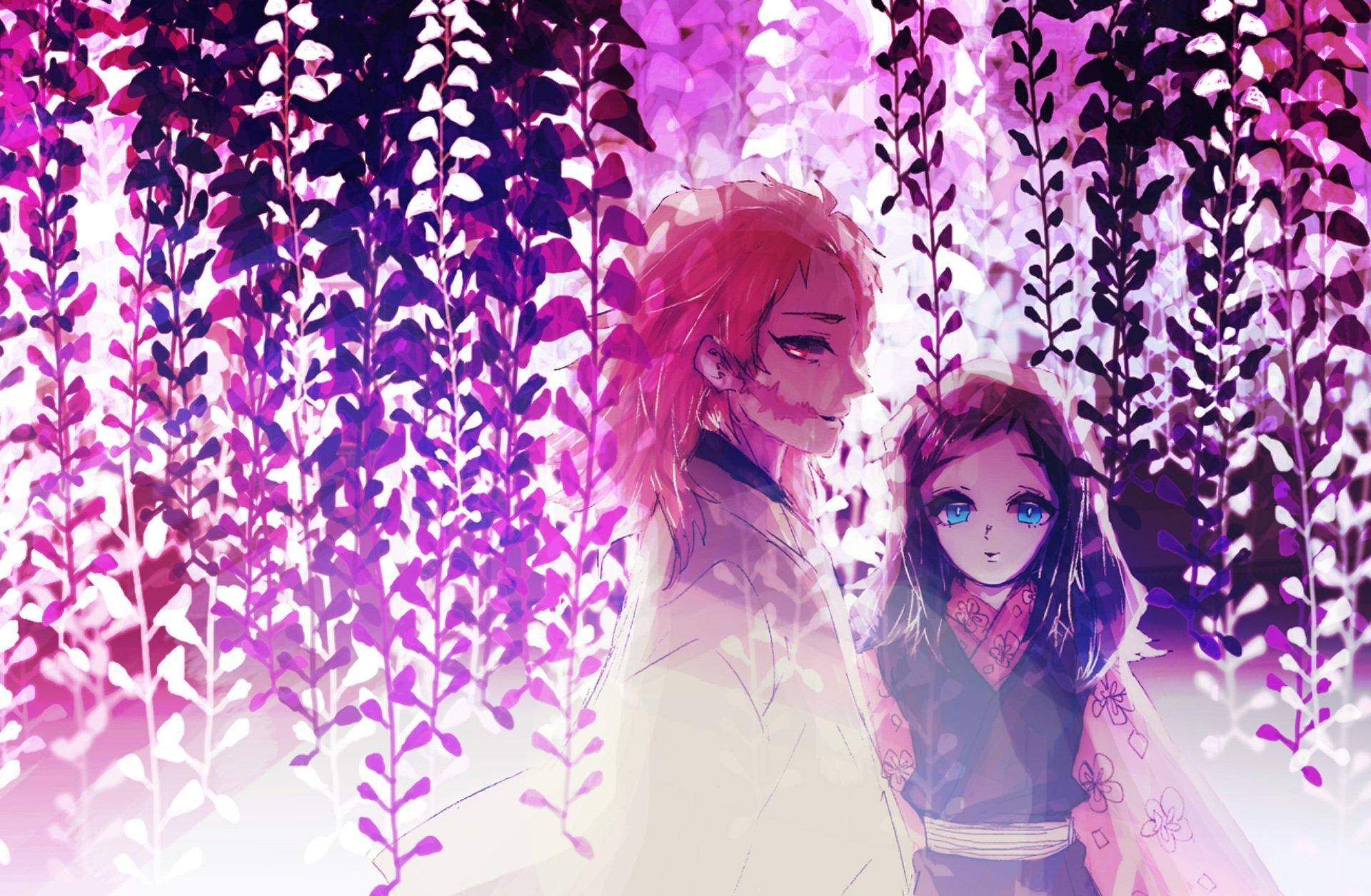 A Couple Of Anime Characters Standing Under A Purple Canopy Wallpaper