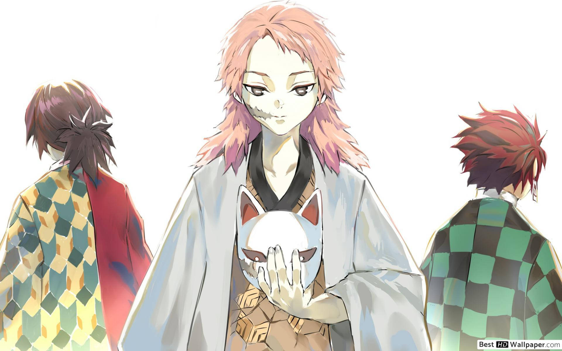 Et gruppe anime karakterer med lyserødt hår og lyserøde tøj. Wallpaper