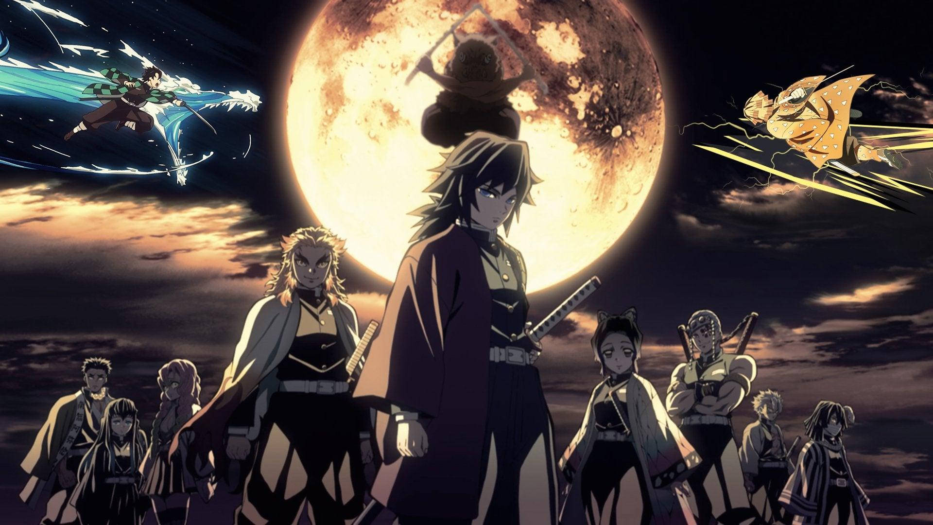 A Group Of Anime Characters Standing In Front Of A Moon Wallpaper