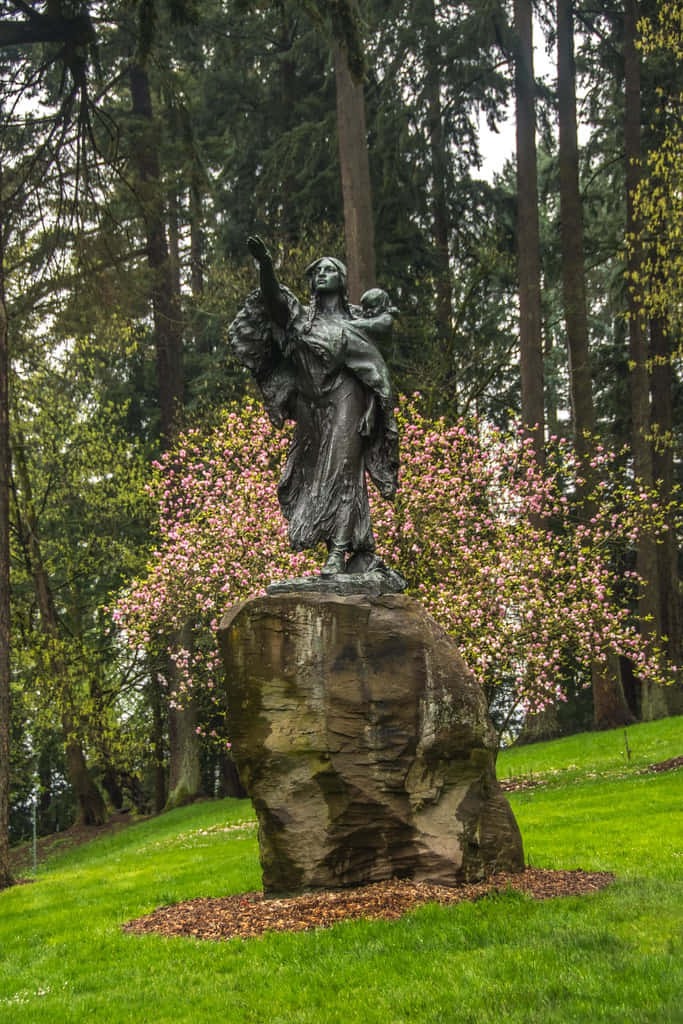 A Statue Of A Woman In A Park With Trees