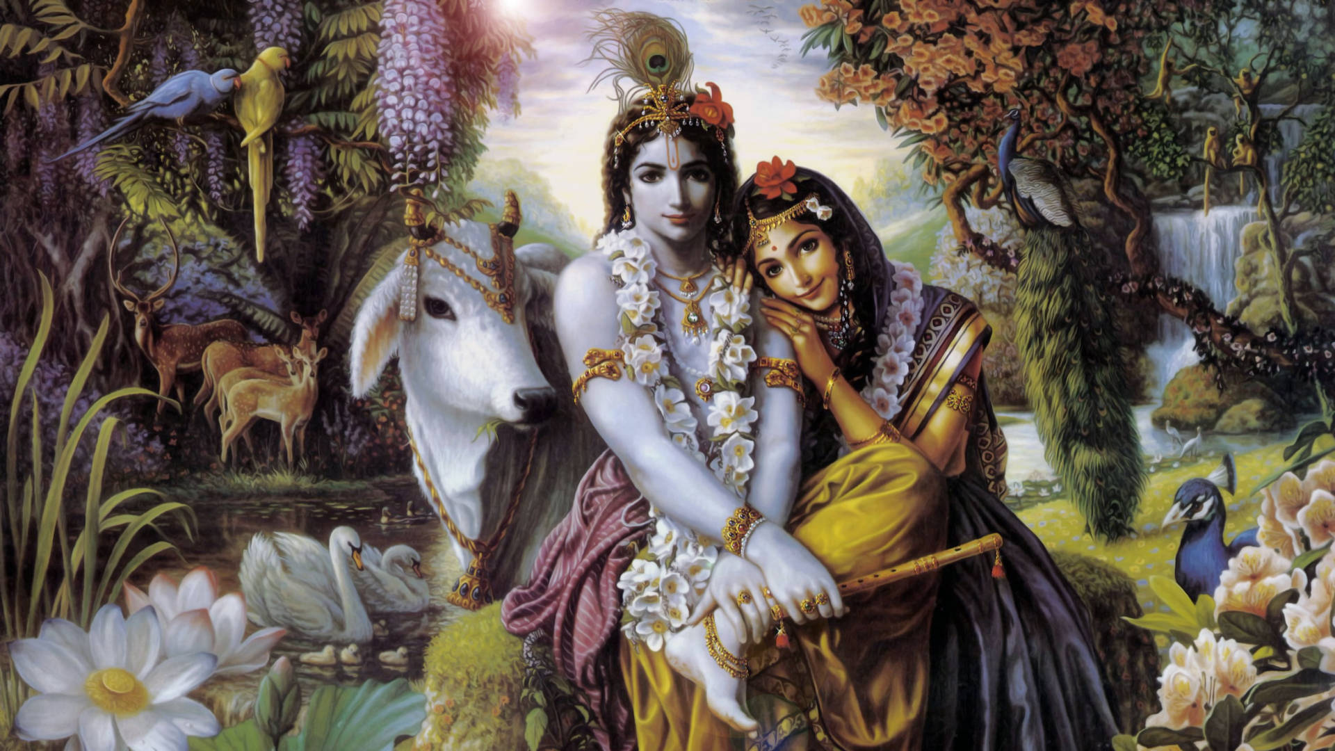 Sacred Cow, Radha, And Hindu God Krishna Wallpaper