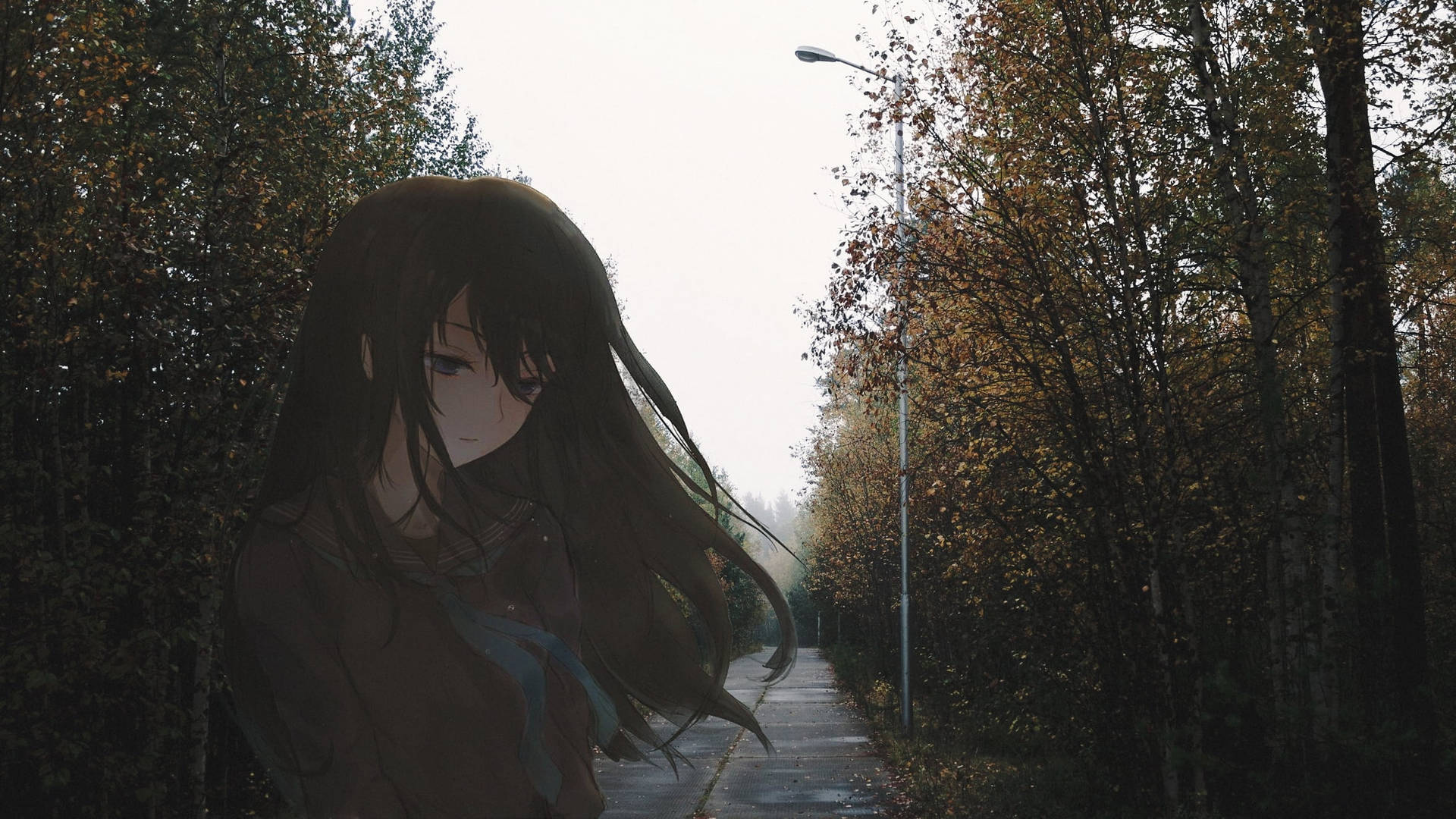 Trist æstetisk anime pige i skoven tapet Wallpaper