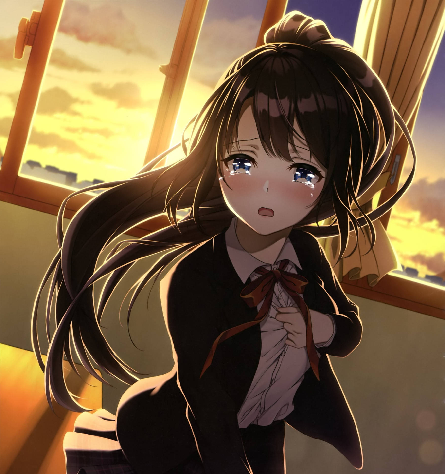 Garotatriste De Anime Estético Chorando Ao Pôr-do-sol. Papel de Parede