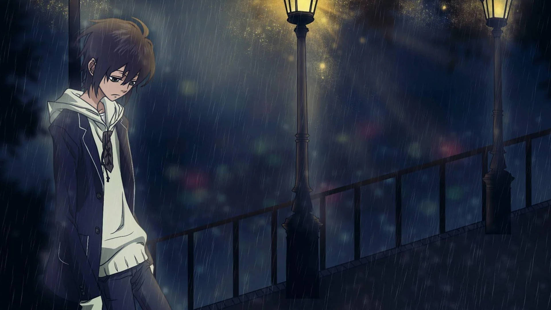 Sad Anime 4k Boy Leans Against Post Wallpaper