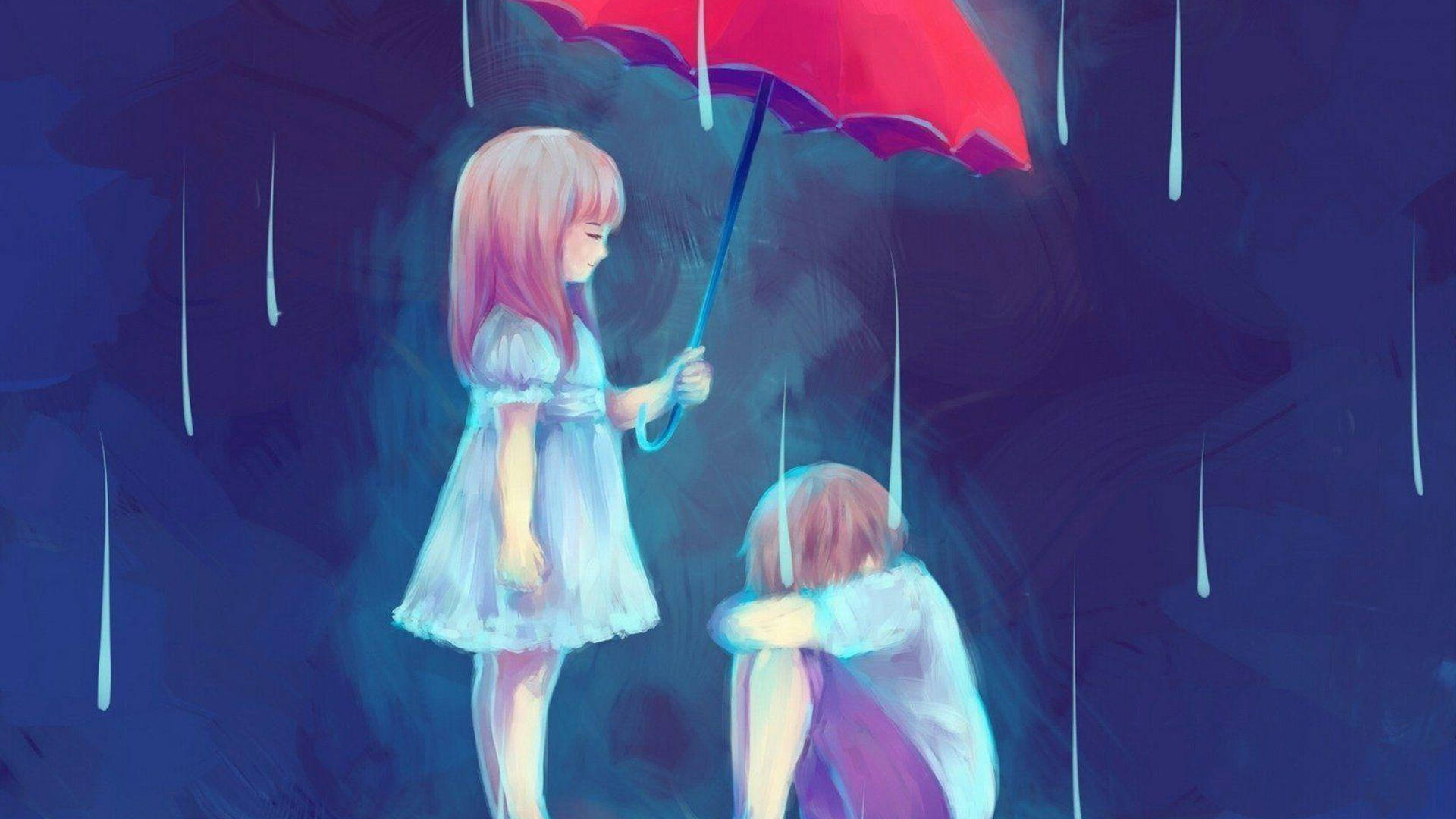 Sad Anime 4k Girl Shields Boy With Umbrella Wallpaper