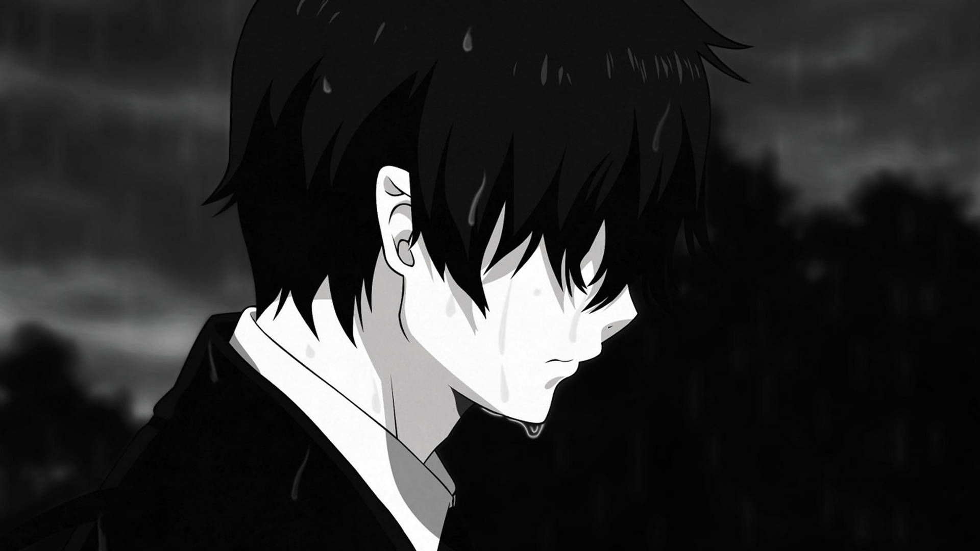 Anime 4K mand græder i regnen Wallpaper