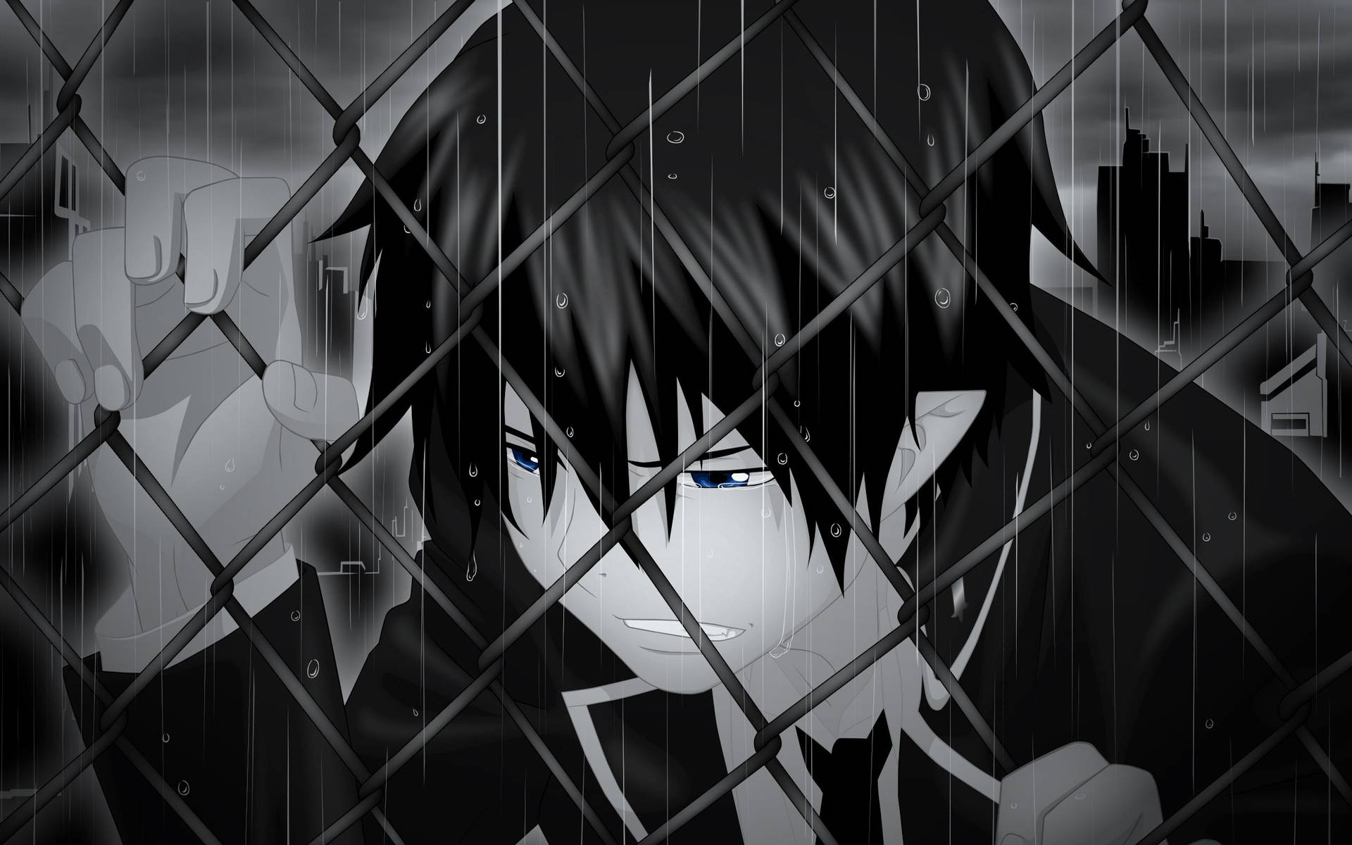 Black and white sad anime boy mourning while leaning HD wallpaper.
