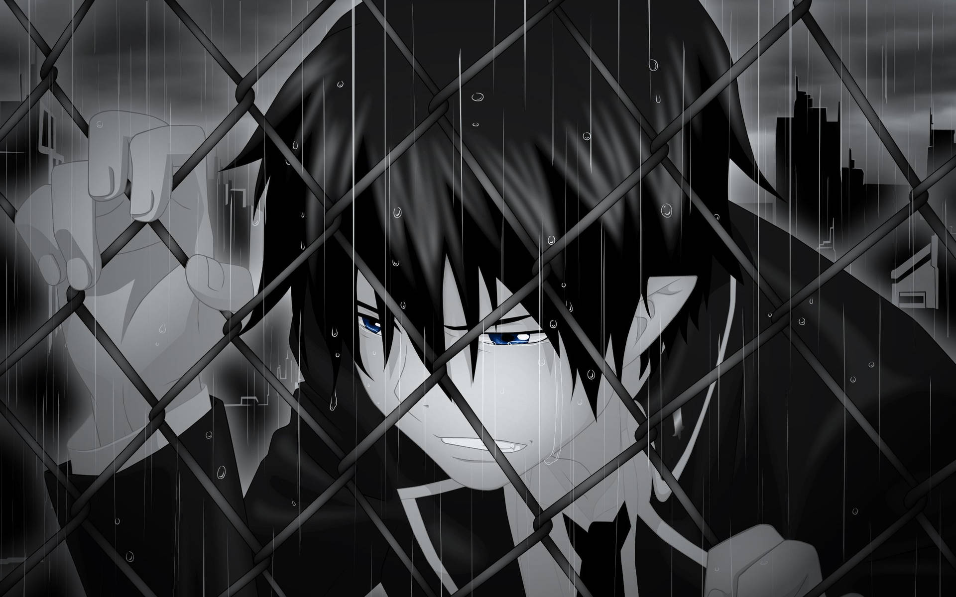 Sad Anime Boy Mournfully Sitting In The Rain Wallpaper