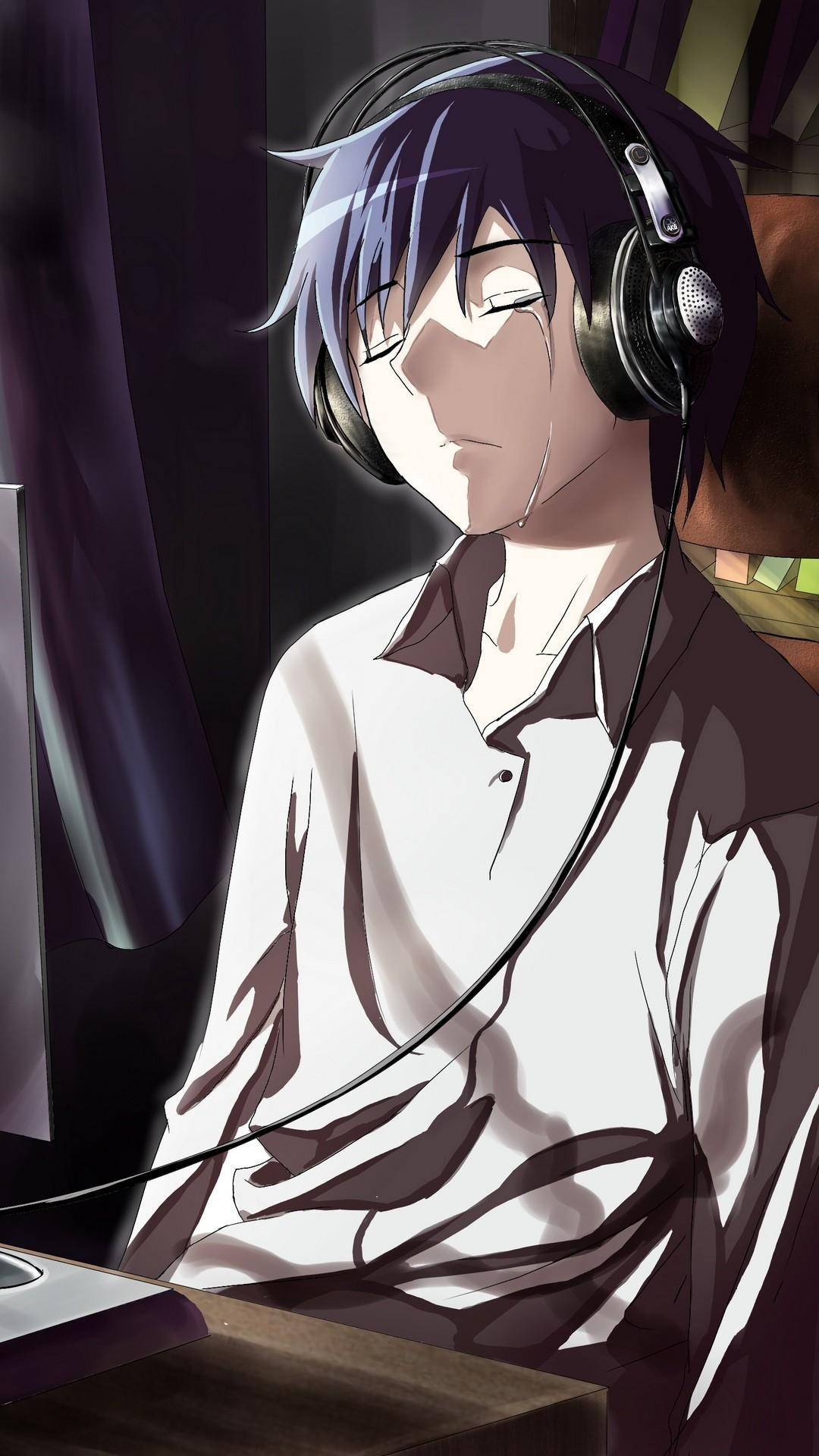 Sad Anime Boy With Headphones Wallpaper