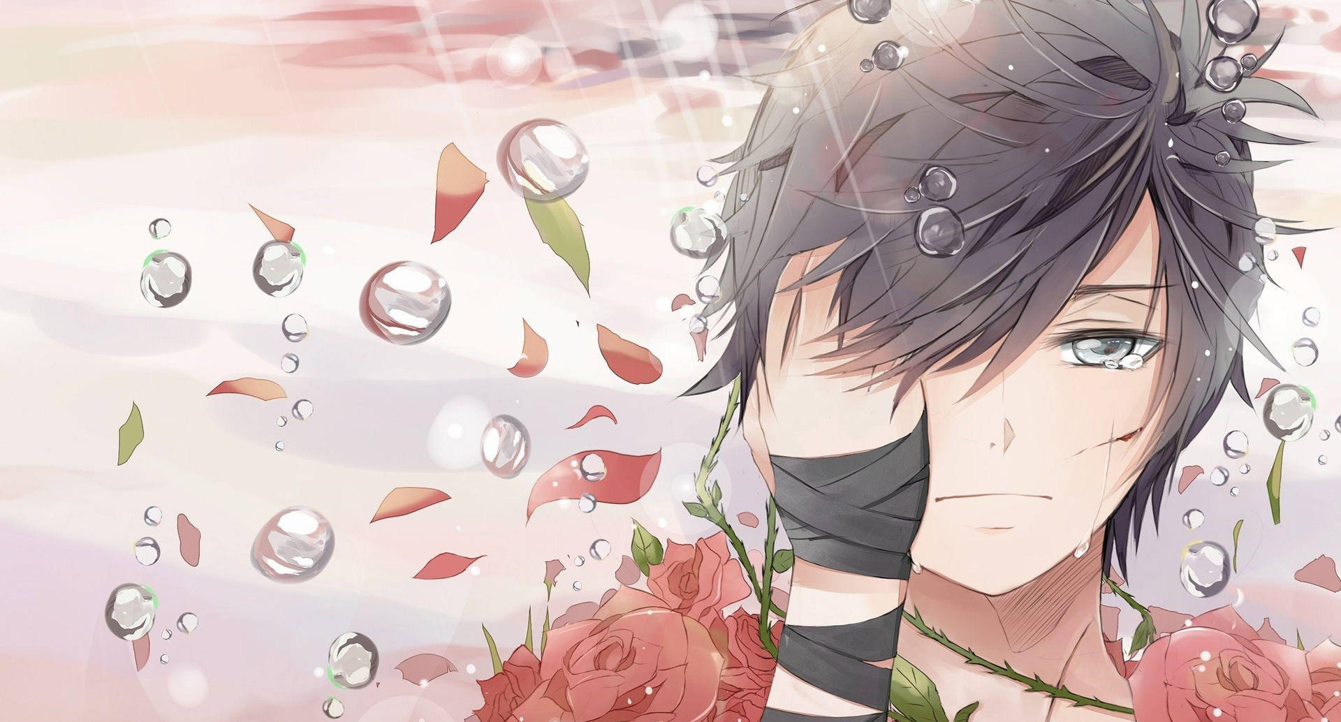 Sad Anime Boy With Red Flowers Wallpaper