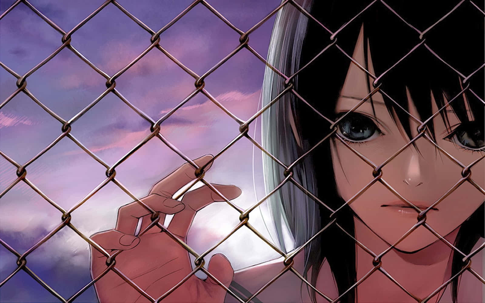 Sad Anime Girl Behind Chainlink Fence Wallpaper