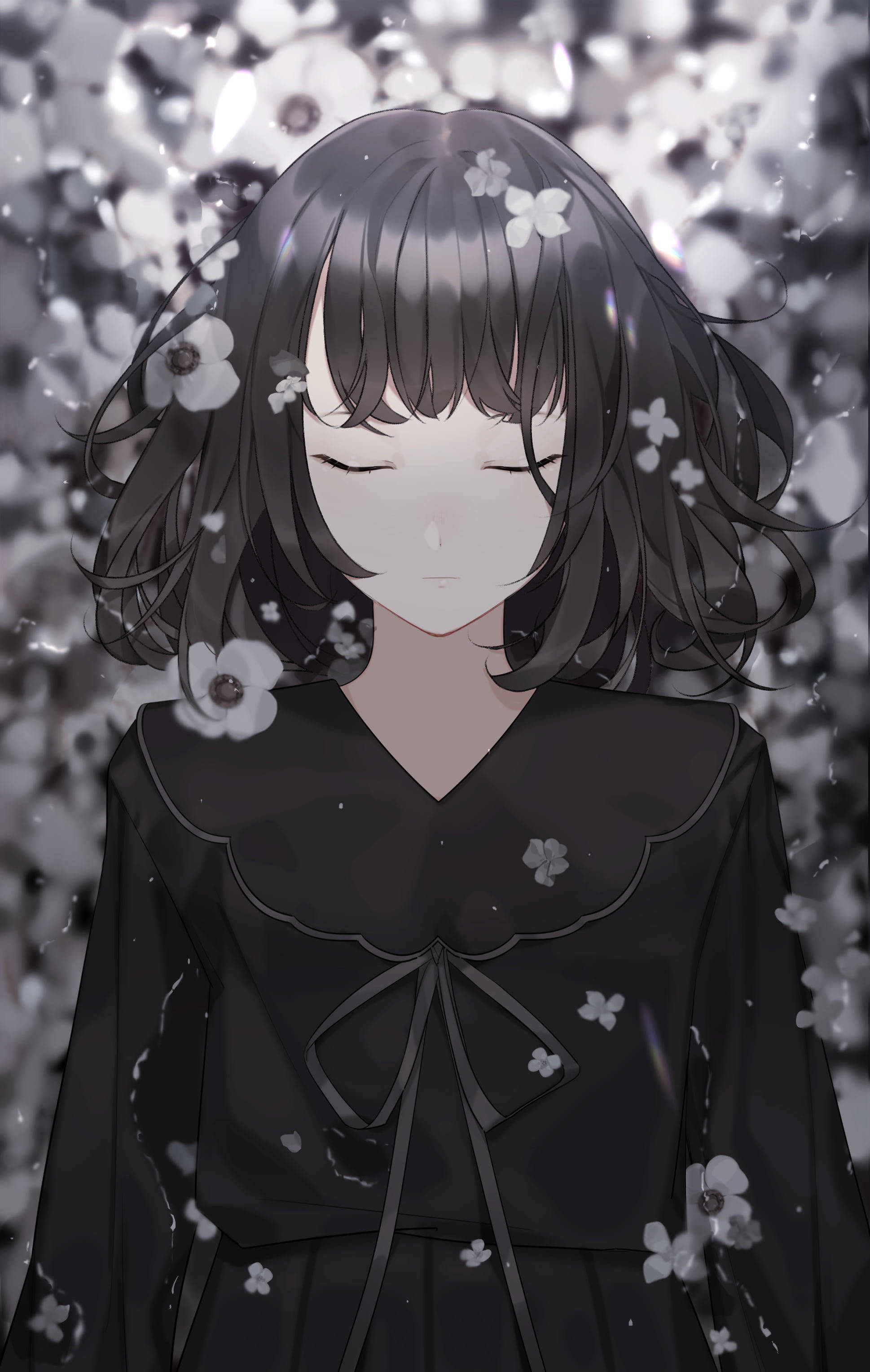 Sad Anime Girl Black And White With Flowers Wallpaper