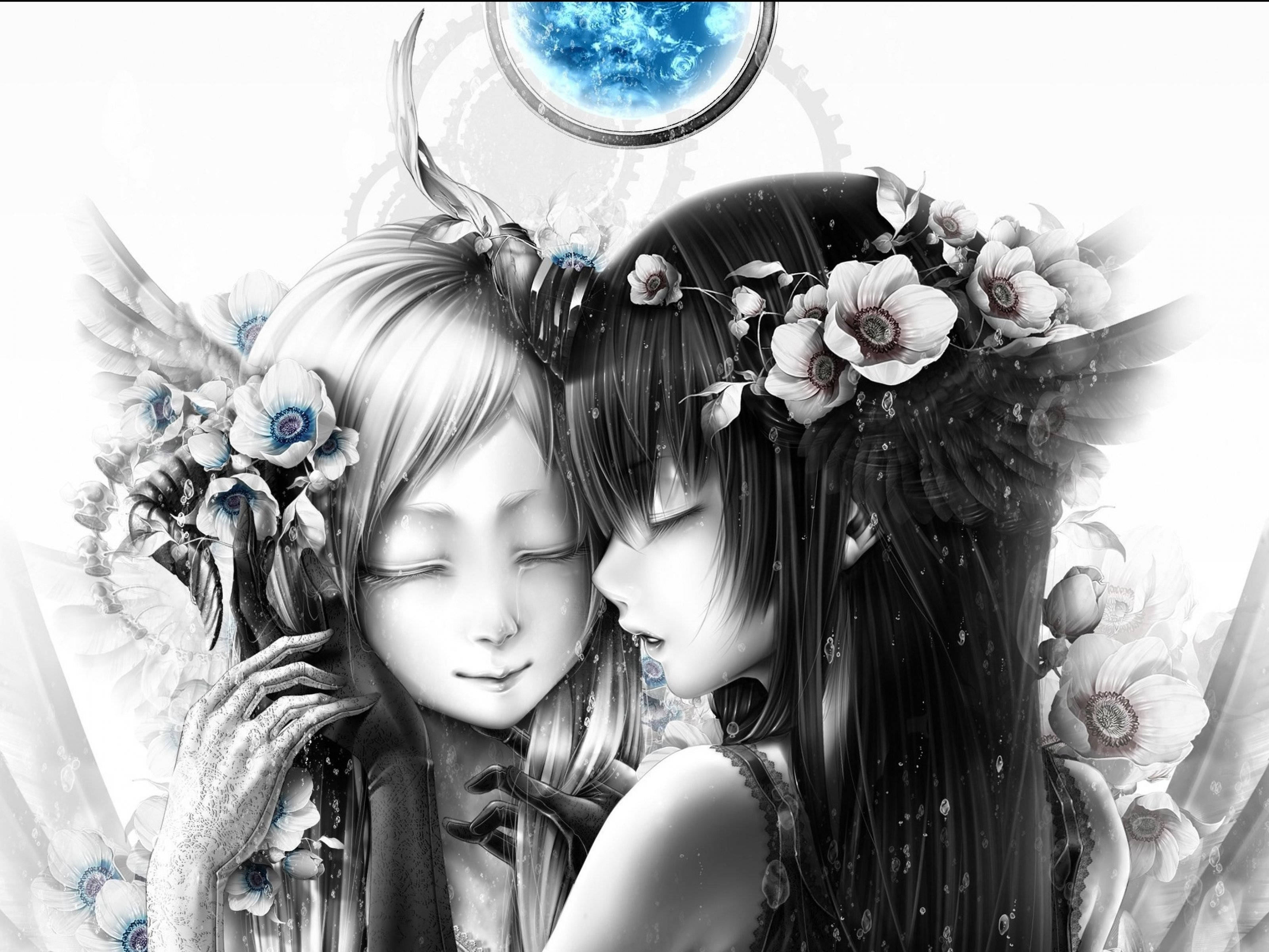 Sad Anime Girl Black And White With Flowers Wallpaper