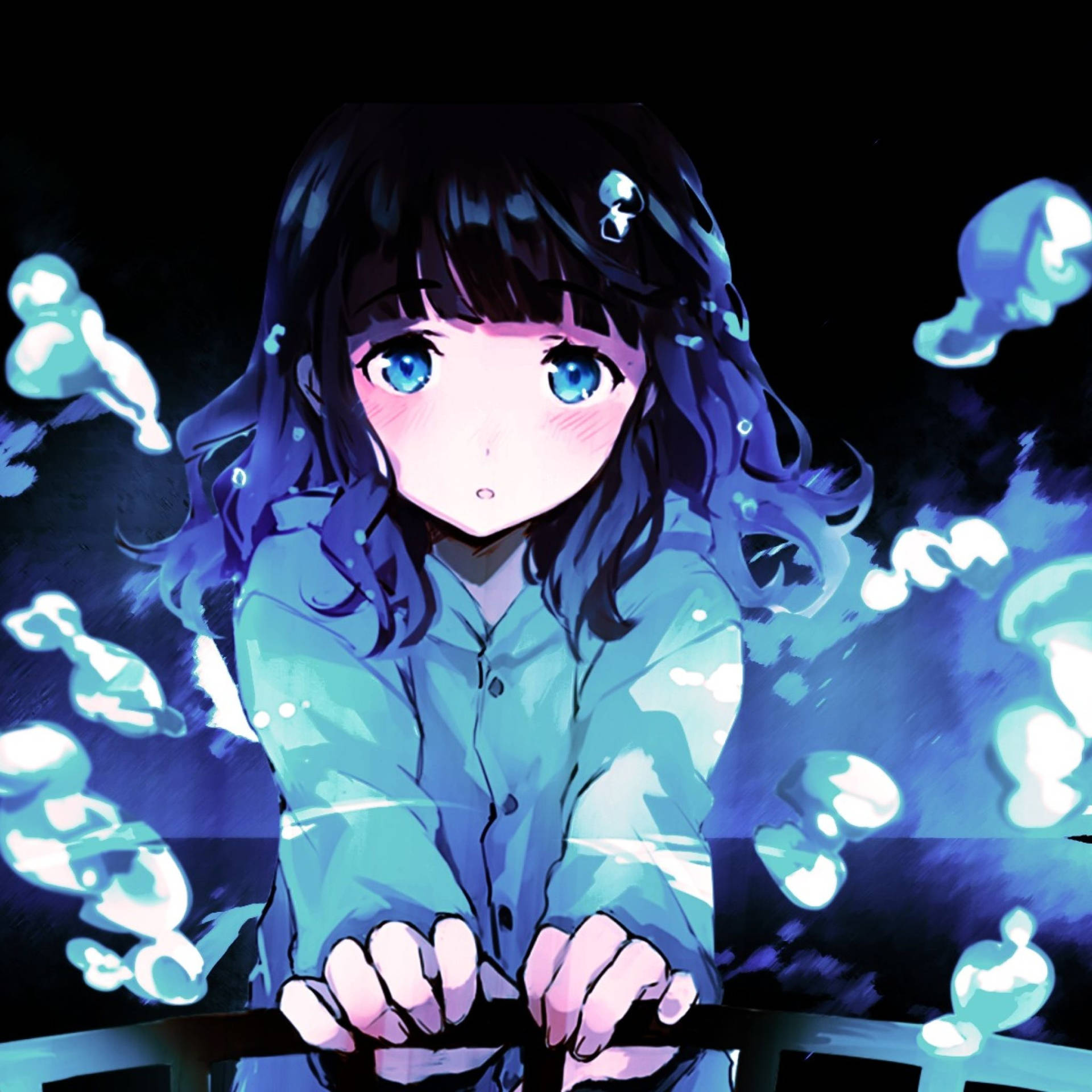 Chicade Anime Triste En Azul. Buen Perfil De Imagen Fondo de pantalla