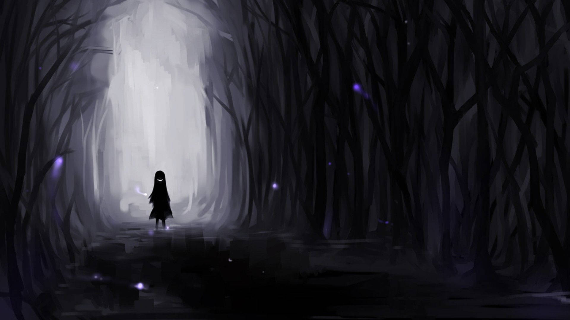 “Lost in thought, the sad anime girl wanders through a dark forest.” Wallpaper